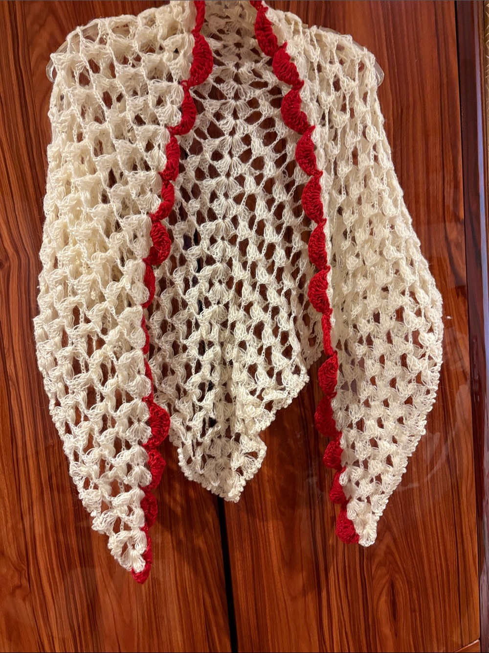 Cream Crochet Shawl with Red Scalloped Trim handmade new